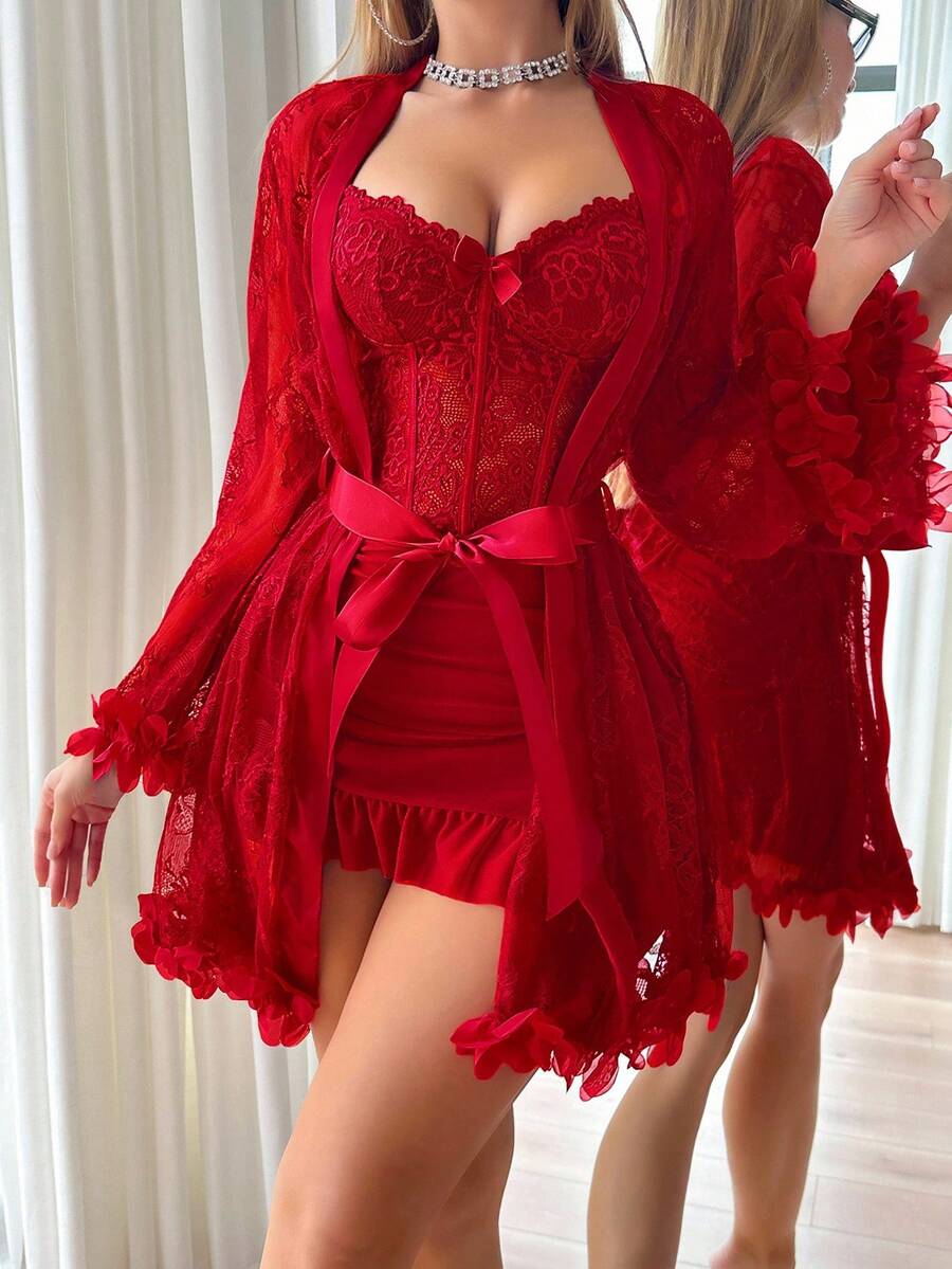 Snug Zone 2pcs Set: 3D Floral Lace Robe + Fishbone Waist Design Lace Camisole Nightgown Red Lace Lingerie Lingerie Robe Set Red Lingerie Set Two Piece Lace Lingerie - Red - View 1