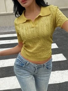 Flirla Atasan Rajut Polo Lengan Pendek Wanita Warna Kuning dengan Detail Tali Kepang - Kuning - View 5