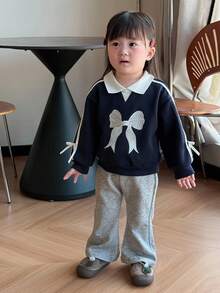 DAZY Baby Girl Contrast Color Collar Korean Style Bow Long Sleeve Sweatshirt Fall, Winter Toddler Girls Clothes - Navy Blue - View 7