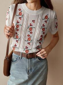 Florisole Women's Embroidered White Knit Sweater - White - View 1