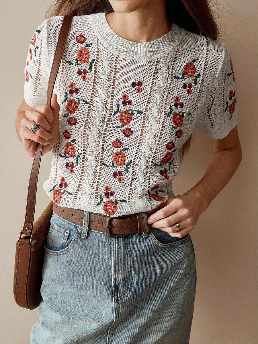 Florisole Women's Embroidered White Knit Sweater - White - View 1