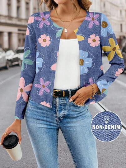 SHEIN Clasi Chaqueta de mujer con estampado de denim, adecuada para otoño/invierno