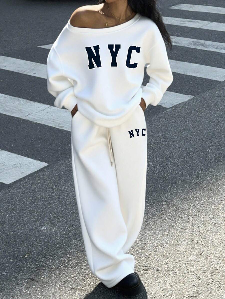 Muchica 2pcs NYC Print White Women Loose Fit Off-Shoulder Sweatshirt And Wide Leg Thermal Lined Sweatpants Set, Suitable For Autumn/Winter,Fall - White - View 1