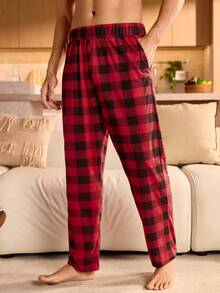 Manfinity Underwear&Sleepwear Basics Plus Size Plaid Print Elastic Waist Pocket Casual Lounge Pants For Men, Fall