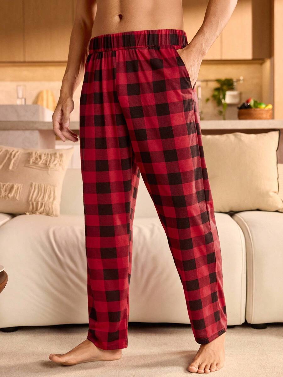 Manfinity Underwear&Sleepwear Basics Plus Size Plaid Print Elastic Waist Pocket Casual Lounge Pants For Men, Fall