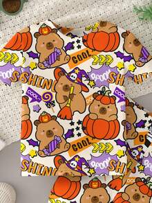 SHEIN 万圣节男婴南瓜熊印花长袖连体衣，适合幼儿的可爱秋季睡衣，柔软拉链连体衣，不给糖就捣蛋服装 - 彩色 - 查看 3