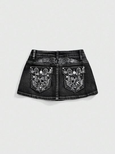 J-Fashion Women's Y2K Retro Subculture Wing Skull Embroidery Rhinestone Sexy Ultra-Low Waist Denim Mini Skirt, Halloween