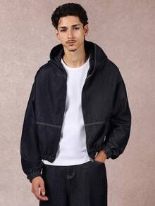 SUMWON Áo khoác denim lửng có mũ trùm đầu màu tối, quần jean oversized có khóa kéo, áo khoác ngoài, thời trang dạo phố, viền thun, mùa đông, mùa thu, thường ngày - Màu xanh lam - Xem 5