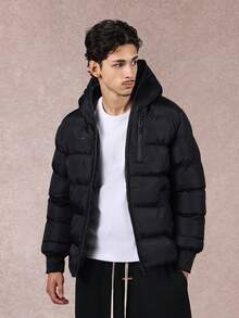 SUMWON Winter Puffer Jacket Quilted Hooded Bomber Style With Zip Pockets Ribbed Cuffs Insulated Down Alternative Coat For Cold Weather - Black - View 1