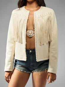 MISSGUIDED 西部流苏夹克绒面革风格短款波西米亚节波西米亚秋冬时尚前排系带设计奶油色象牙色休闲日常穿着 - 卡其色 - 查看 1