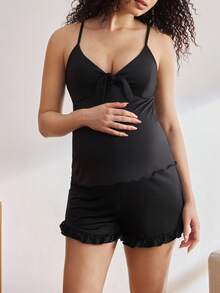 两件套孕妇荷叶边系带哺乳睡衣套装 - 黑色 - 查看 4