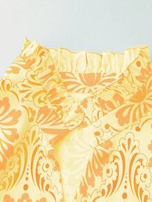 Franclia 大码女式度假泡泡袖V领休闲节日印花衬衫，春夏 - 黃色 - 查看 3