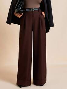 EURMUSE Pantalón de pierna ancha con pliegues, ajuste a medida, moda de verano, ropa de oficina, bolsillos laterales, estilo casual elegante, pliegues delanteros, aspecto nítido, atuendo profesional, diseño elegante, material estructurado, corte clásico, estilo minimalista, moda urbana, aspecto sofisticado, casual de negocios, esencial de temporada, estética moderna - Marrón - Ver 6