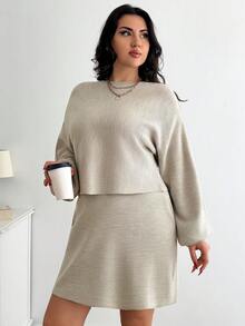EURMUSE Plus Size Batwing Sleeve Sweater & Knit Skirt - Apricot - View 5