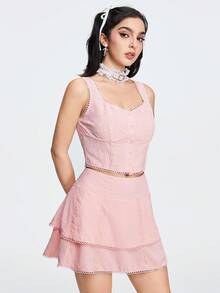 ROMWE Kawaii ملابس علوية بدون أكمام وتنورة بأزرار