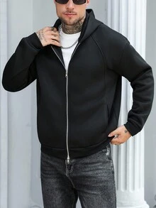 Manfinity Homme Men Zip-Up Hoodies Halloween Black Boxy Zip Up Hoodie , Fall, Long Sleeve Top