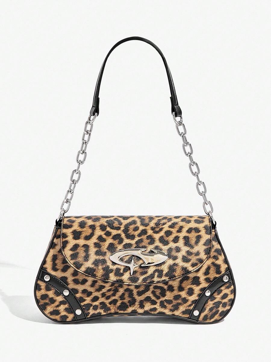 SHEIN ICON Ladies, Women Cow Print Shoulder Bag, Hobo Bag, Fashionable, Personalized, Simple, Versatile, Street, Sweet And Cool Girls, Hot Girls, Y2k, Retro, Vintage, Metal Chain - leopard print - View 1