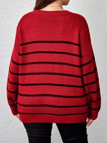 EURMUSE Plus Size Plus Size Loose Fit Colorblock Striped Pullover Sweater - Red - View 2