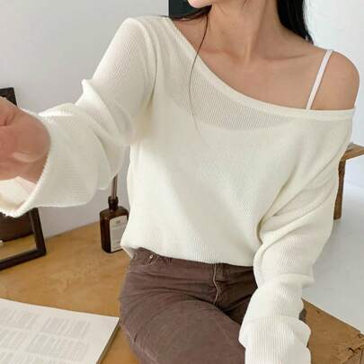 여성 가을 단색 루즈한 비스듬한 숄더 긴소매 티셔츠