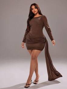 Rustia Plus Size Women's Solid Color Round Neck Long Sleeve Ruched Patchwork Tie Waist Elegant Dress Fall Cloth For Women - Brown - View 7