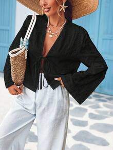 Vivid Eden 女士休闲纯色梭织长袖前系带宽松衬衫 - 黑色 - 查看 4