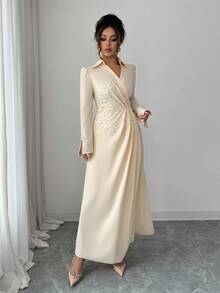 Elenzga 珍珠装饰优雅浪漫修身腰部 A 字形长袖开衩领女式连衣裙 - 杏色 - 查看 6