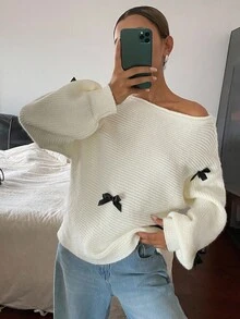 Livesso Suéter feminino com decoração de laço no ombro oblíquo de outono - Branco - Ver 6