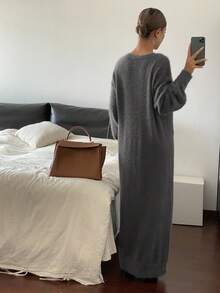 Livesso 女式纯色简约V领长袖毛衣裙秋冬 - 灰色 - 查看 2