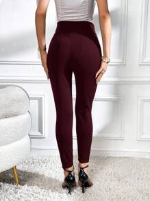 SHEIN Privé 女式高腰纽扣装饰紧身优雅裤 - 酒紅色 - 查看 2