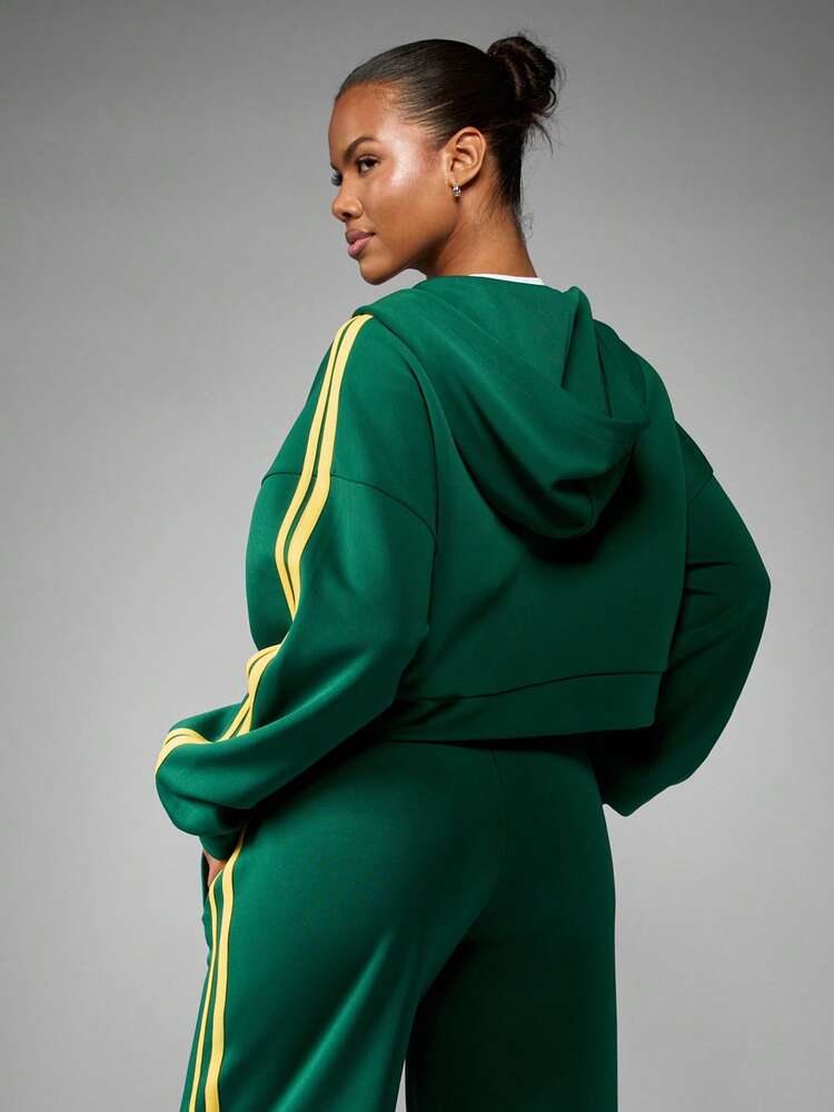 Missguided x Playboy Green Zip Up Hooded Sweatshirt With Yellow Racing Stripes Long Sleeve Casual Streetwear Track Jacket Winter Fall Activewear