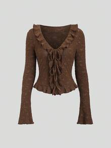 Sweetra 2025 New V-Neck Jacquard Knit Frill Trim Tie Front Long Sleeve Lightweight Jacket - Coffee Brown - View 1