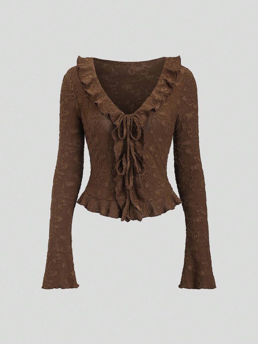 Sweetra 2025 New V-Neck Jacquard Knit Frill Trim Tie Front Long Sleeve Lightweight Jacket - Coffee Brown - View 1
