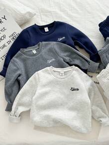 Genkimix Kids 3件套 小男孩新款秋冬活力字母刺绣圆领长袖上衣和裤子套装，有意义的字母刺绣设计，柔软的面料，宽松版型，适合日常穿着、上学、郊游、旅行 - 彩色 - 查看 5