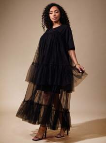 Vixey Vestido maxi con camiseta de manga corta de malla con lunares en capas - Negro - Ver 1