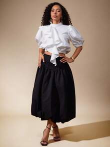 Vixey Váy midi đen dệt kim thoáng khí chống nhăn cho nữ, viền phồng eo - màu đen - Xem 3