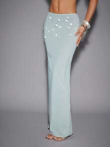 Hauture Women's Sexy Night Out Party Going Out Y2K Rhinestone Decor Cropped Fitted Bandeau Top - Dusty Blue - View 4