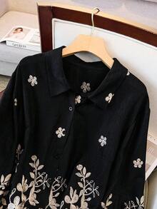 SHEIN Clasi 大码女式花卉刺绣衬衫，法式浪漫优雅高端休闲装 - 黑色 - 查看 4