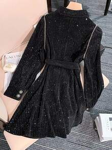 Franclia Long Sleeve Solid Color Black & Gold Lace Trim Dress, Elegant Style For Autumn/Winter - Black - View 2