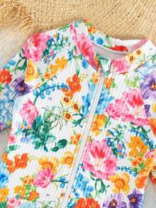 SHEIN Young Girl Ribbed Floral Print Long Sleeve Zipper One Piece Rash Guard Swimsuit, Mommy And Me Matching Outfits (3 Pieces Sold Separately) - Multicolor - View 5