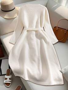 SHEIN Franclia 女士圆领纽扣配腰带长款针织毛衣裙