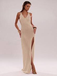 SHEIN BAE Women's Backless, Side Slit Hem Sexy Camisole Knit Dress In Fall/Winter - Khaki - View 4