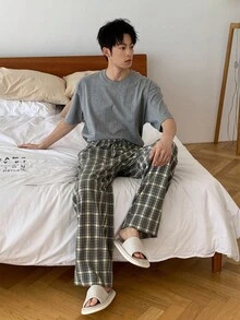 DAZY 男士格子面料松紧腰休闲裤，秋季睡衣 - 彩色 - 查看 7