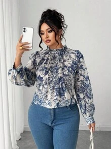 Elenzga 女士加大码纯色领休闲衬衫，时尚日常穿着 - 藍色 - 查看 1