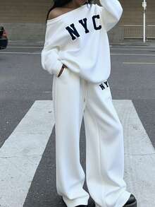 Muchica 2pcs NYC Print White Women Loose Fit Off-Shoulder Sweatshirt And Wide Leg Thermal Lined Sweatpants Set, Suitable For Autumn/Winter,Fall - White - View 5
