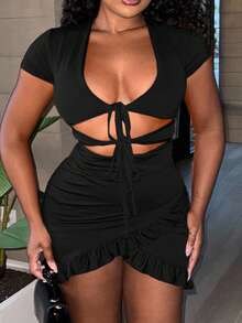 Alexandranx Đầm Bất đối xứng Cắt ra Xù Viên lá sen Trọn gói Thắt nơ trước màu trơn Gợi cảm - màu đen - Xem 3