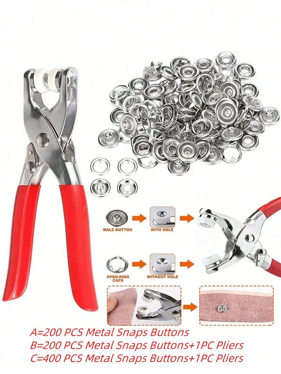 SHEIN DIY 金属按扣带紧固件钳按压工具套件，用于缝纫和手工制作（9.5 毫米），适用于衣服、背包、连体裤、缝纫和工艺品 - 銀色 - 查看 1