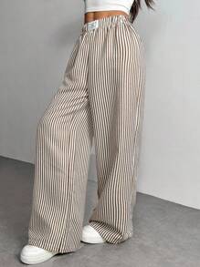 SHEIN PETITE 女士字母条纹宽腿宽松休闲裤