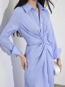 Heiryn Robe chemise à manches longues, épaules régulières, rayée, avec torsade devant pour femmes