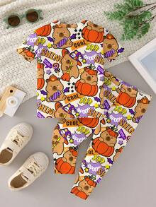 SHEIN 万圣节男婴南瓜熊印花长袖连体衣，适合幼儿的可爱秋季睡衣，柔软拉链连体衣，不给糖就捣蛋服装 - 彩色 - 查看 6