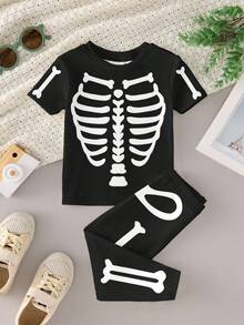 SHEIN Baby BoyGlow In The Dark Skeleton Pajamas Set - Halloween Costume Sleepwear For Kids, Snug Fit  Cozy PJs Baby Boy Baby Skeleton Outfit Baby Halloween Clothes Baby Spooky Clothes Skull Baby Clothes Baby Horror Outfits - Multicolor - View 4